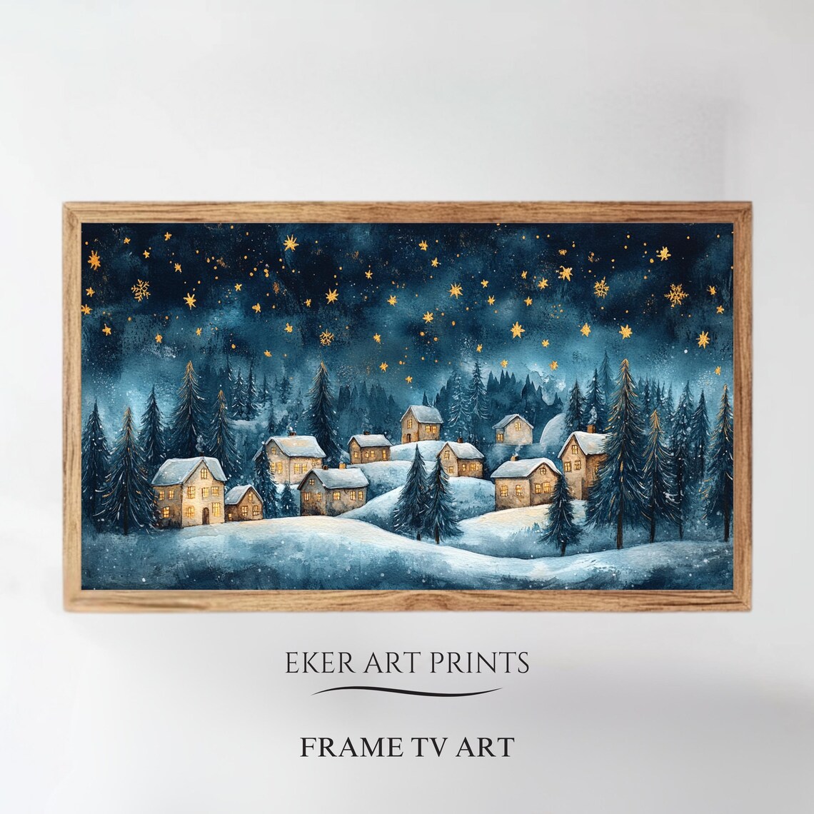 Snowy Village Golden Star Night Sky Winter Watercolor Landscape Poster
