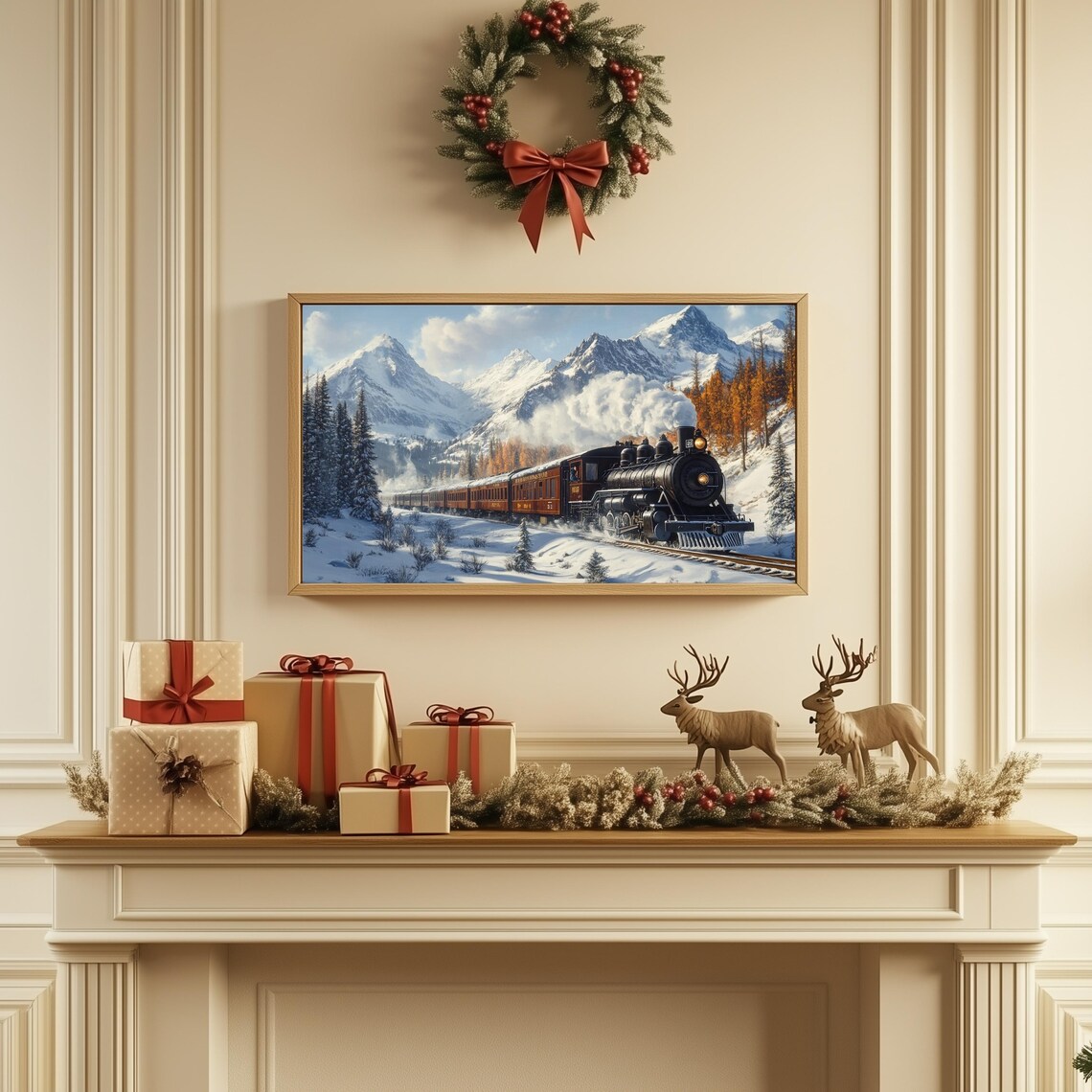 Steam Train Snowy Mountains Golden Larches Wide Winter Art Print - Image 2