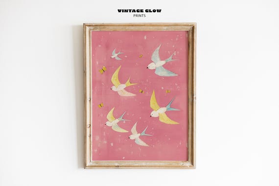 Pink Birds Butterflies Print Abstract Feminine Wall Art Girly Apartment Or Office Decor Modern Pastel Painting Instant