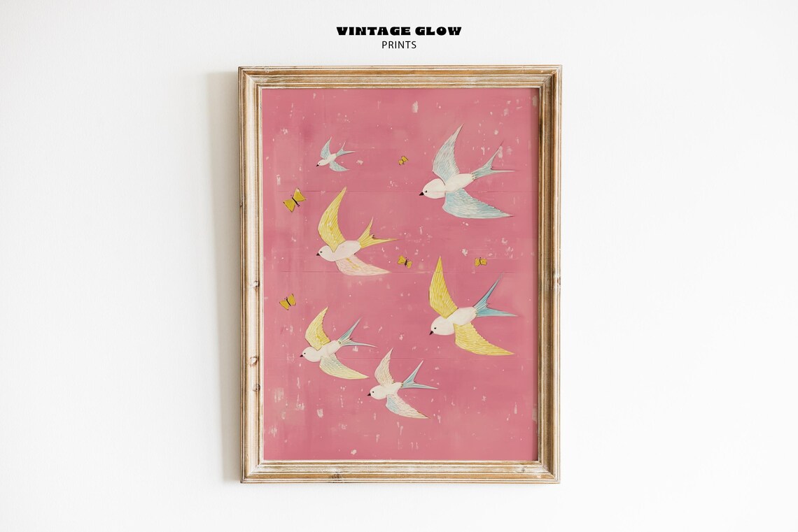 Pink Swallows in Flight Whimsical Bird Nursery Vintage Art Print