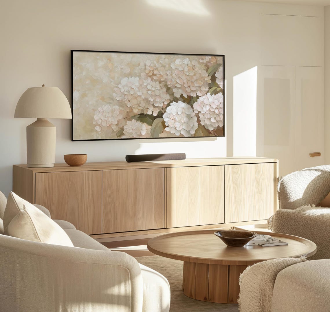 White Hydrangea Floral Painting Neutral Spring TV Frame Art Poster