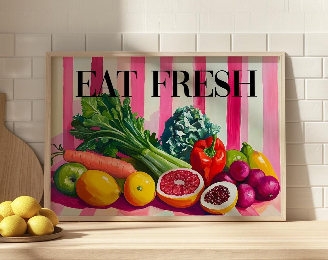 Eat Fresh Food Print Fruit Market Wall Art Vegetable Painting Farmhouse Kitchen Decor Seasonal Eating Poster Eat Your Veggies Vegan Wall Art - Image 4