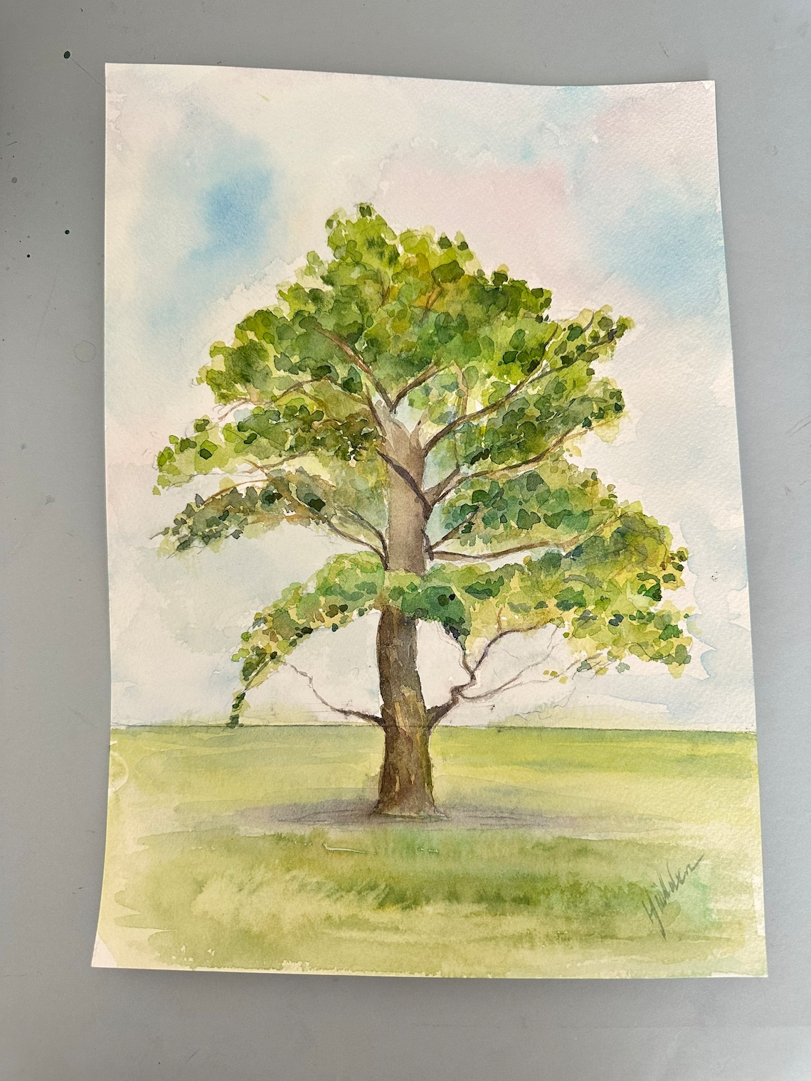 Majestic Lone Tree in Green Meadow Watercolor Nature Art Poster - Image 4