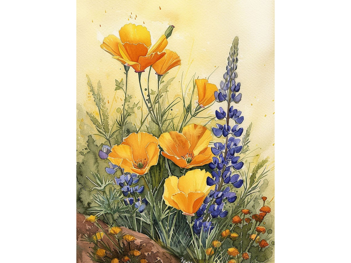 California Poppy Painting Lupine Watercolor Art Print Flower Meadow Wall Art Spring Floral Wall Art Countryside Painting