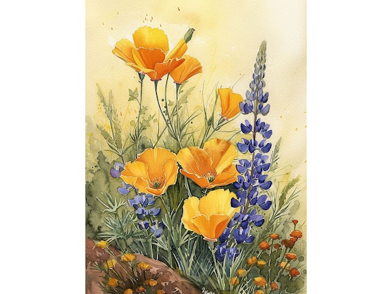 Orange Poppies and Blue Lupines Wildflower Watercolor Garden Poster