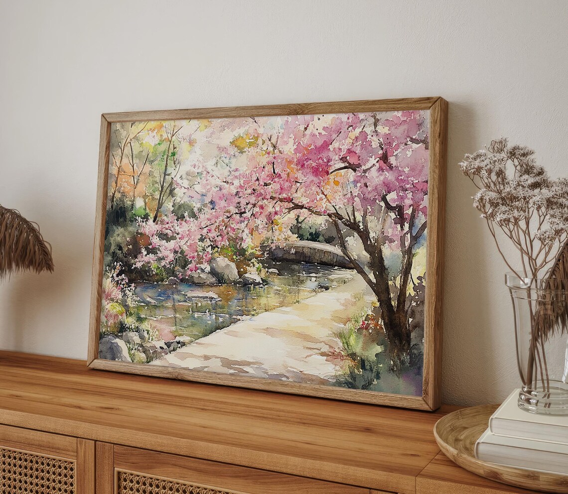 Kyoto Cherry Blossom Landscape Watercolor Art Print - Image 4