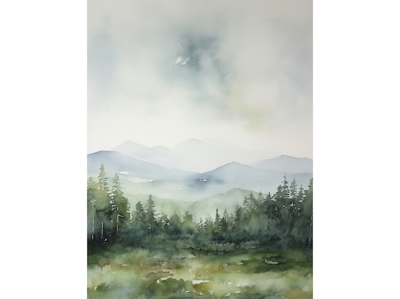 Adirondack Mountains Watercolor Art Print, Forest Landscape