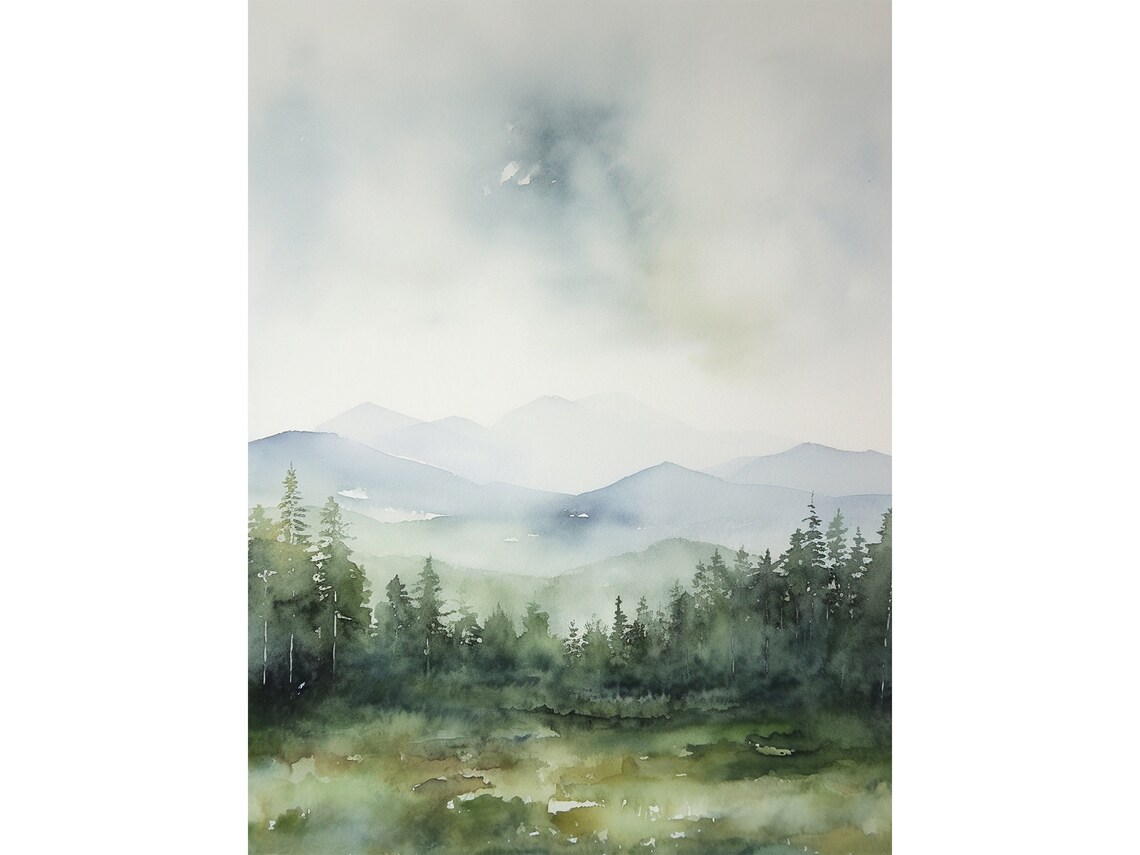 Adirondack Mountains Watercolor Art Print, Forest Landscape