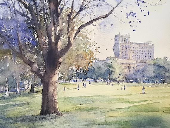 Boston Common Park Green Lawn Big Tree City Skyline Watercolor Poster