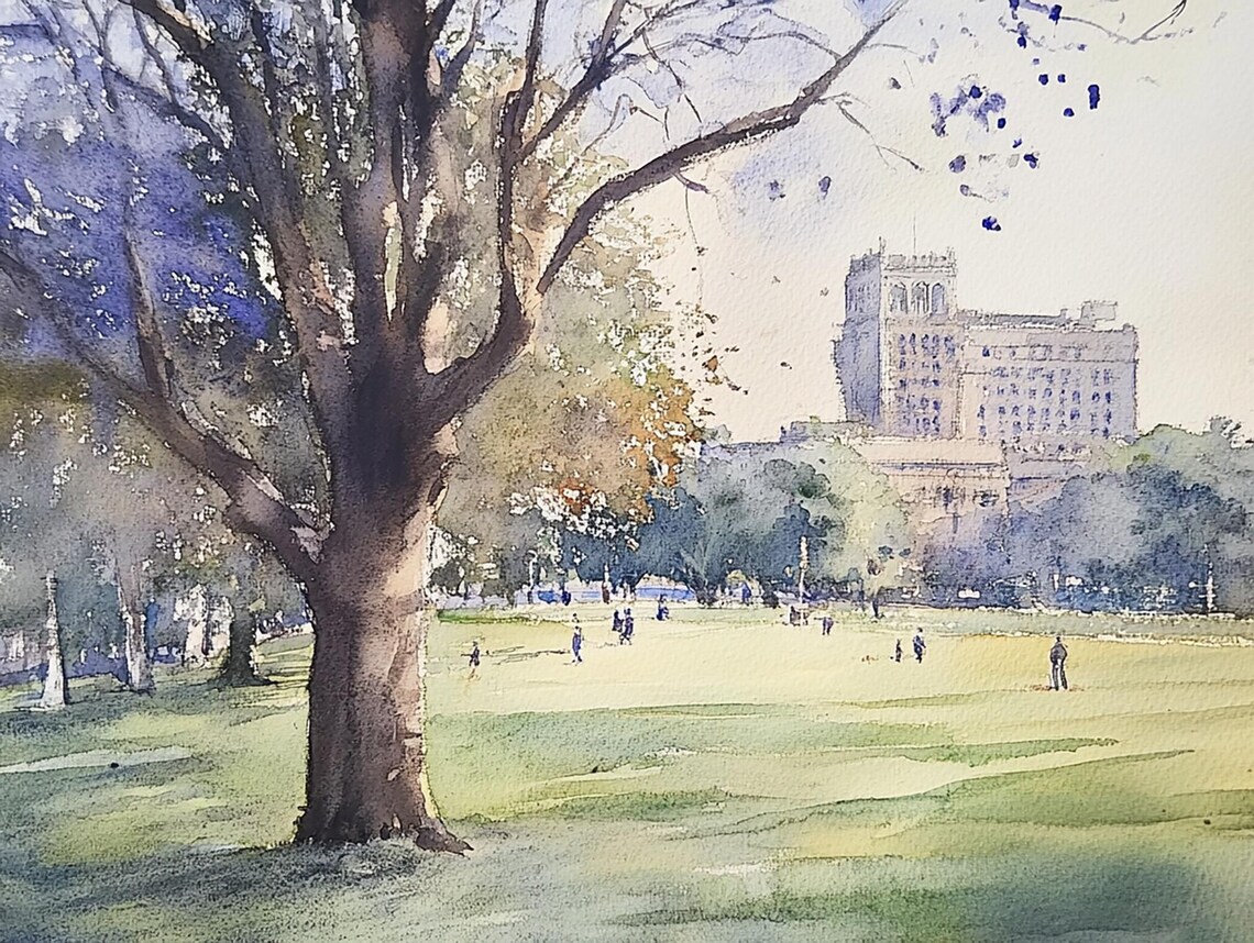 Boston Common Park Green Lawn Big Tree City Skyline Watercolor Poster