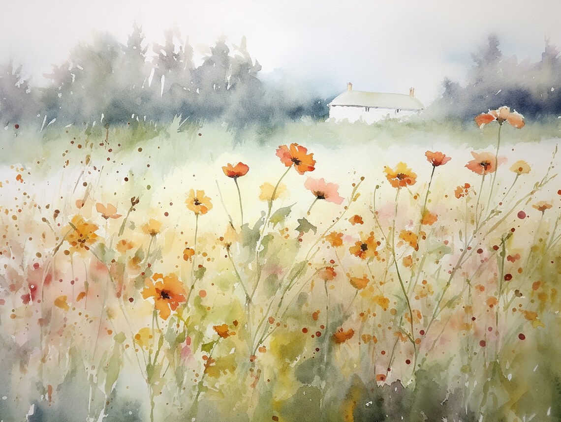 Palouse Poppy Meadow Watercolor Landscape Art Print