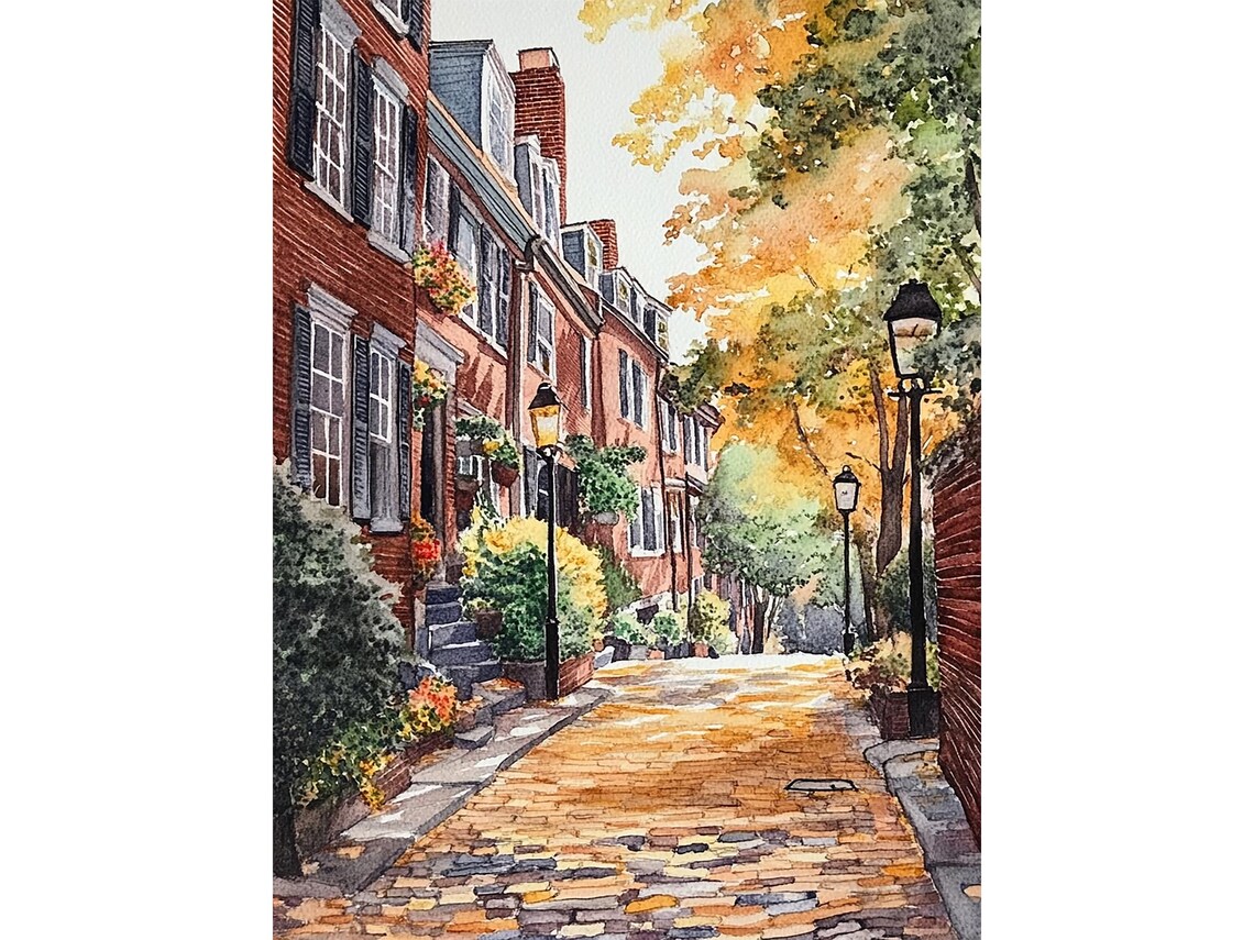 Acorn Street Boston Watercolor Art Print, Cityscape