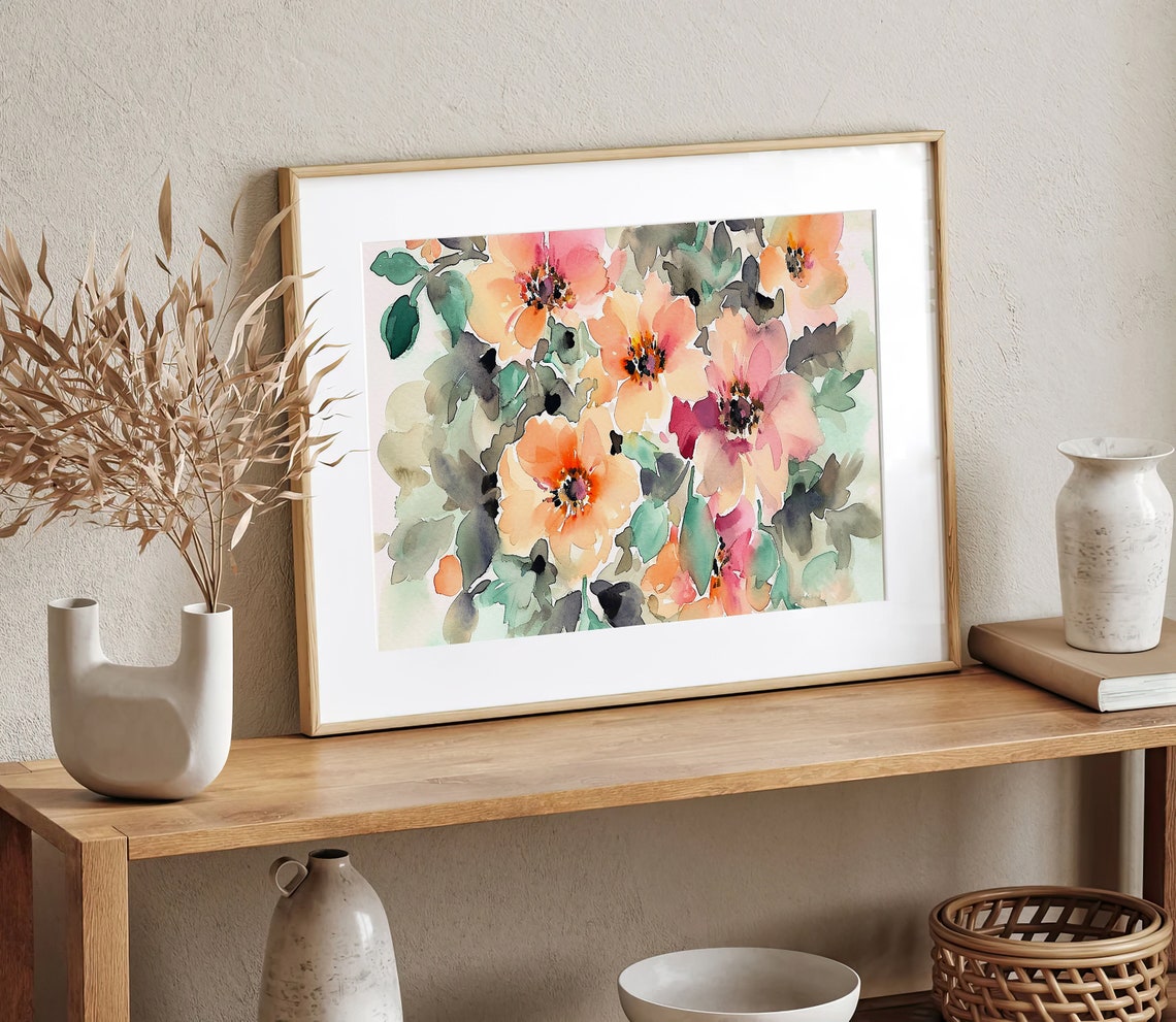 Peach Anemone Flowers Loose Floral Watercolor Botanical Poster - Image 3