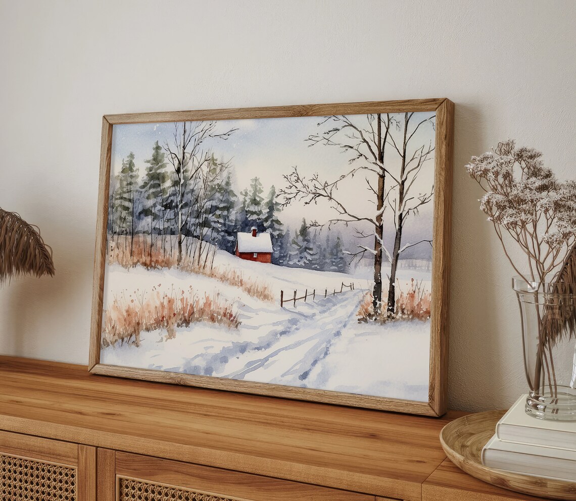 Christmas Snowy Farmhouse Watercolor Painting, Idaho - Image 4