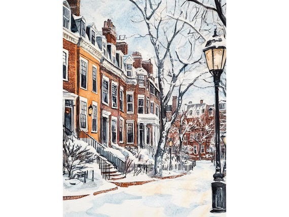 Beacon Hill Boston Watercolor Street Scene Art Print