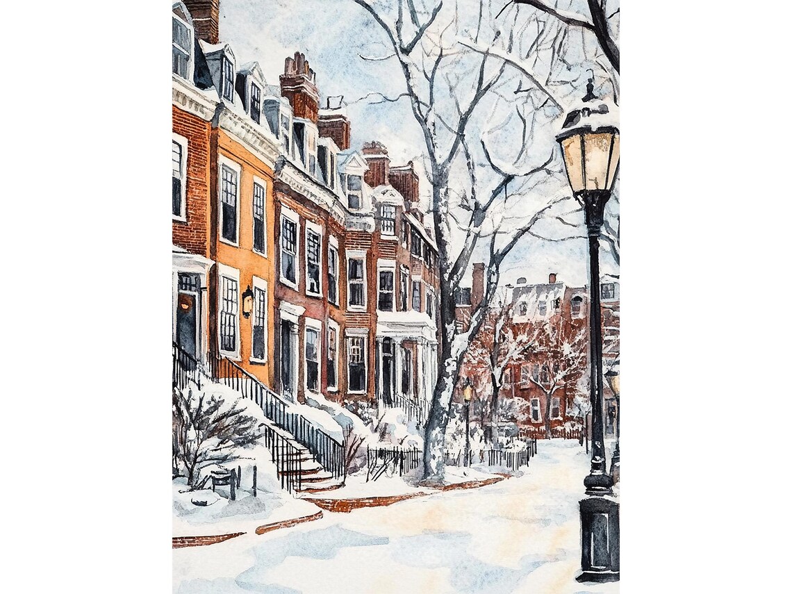 Beacon Hill Boston Watercolor Street Scene Art Print
