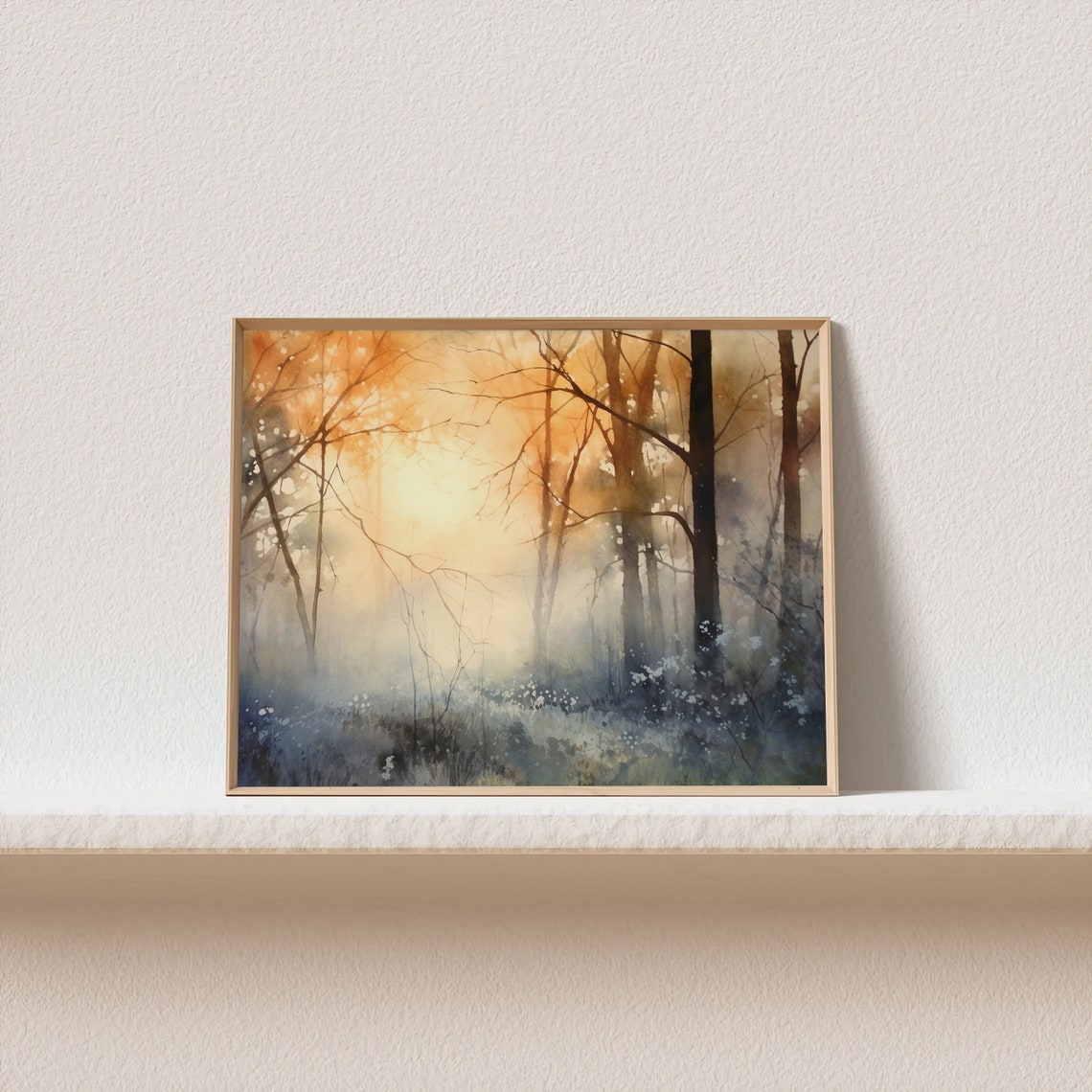 Misty Sunrise Forest Watercolor Woodland Golden Light Poster - Image 4