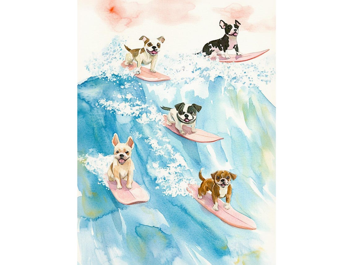 Five Happy Dogs Surfing Pink Boards on Big Ocean Waves Poster