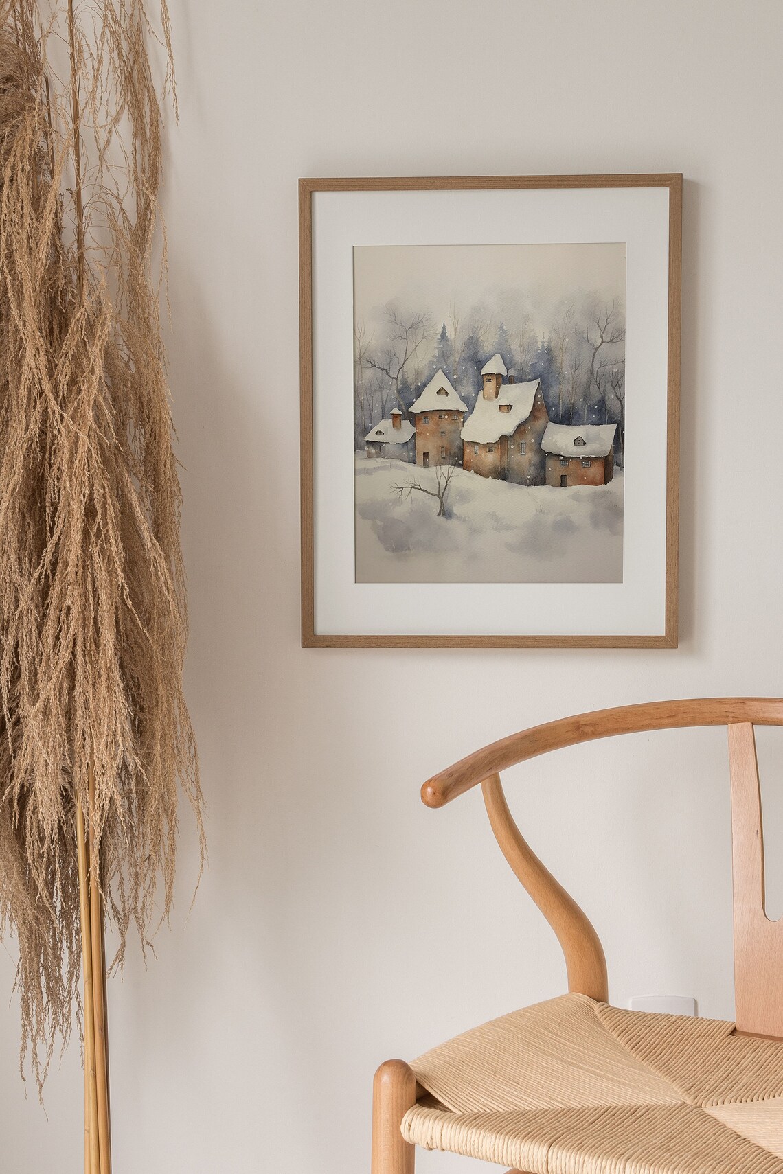Snowy Village Painting Winter Farm Landscape Art Print - Image 4