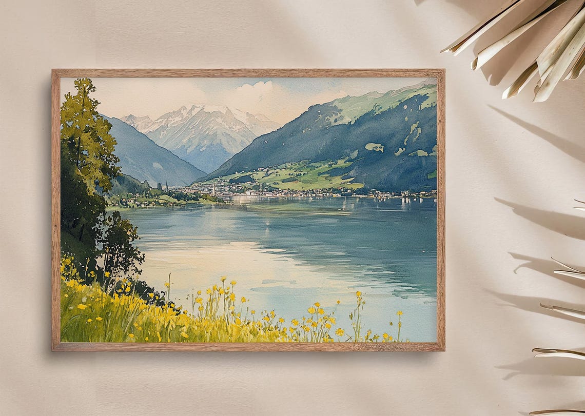 Tranquil Alpine Lake Village Beneath Snowcapped Mountains Poster - Image 3