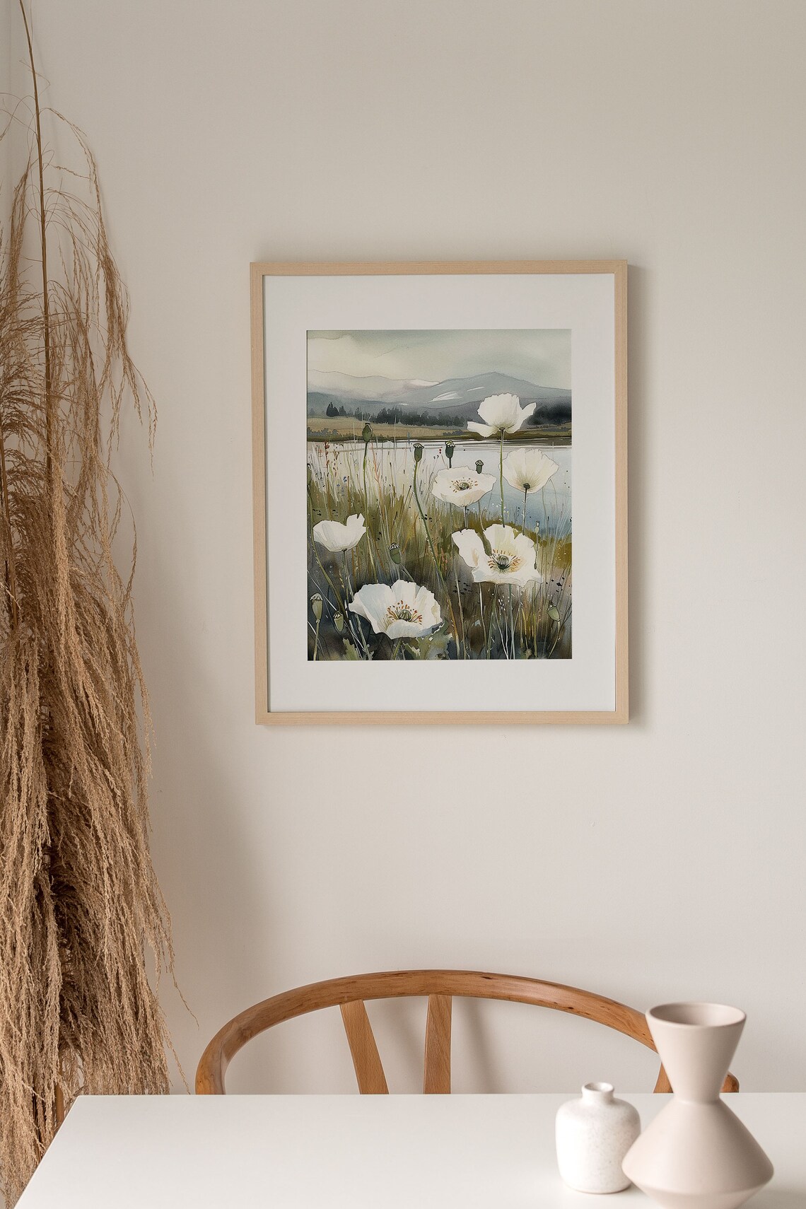 White Poppy Lakeside Meadow Watercolor Wildflower Field Poster - Image 2
