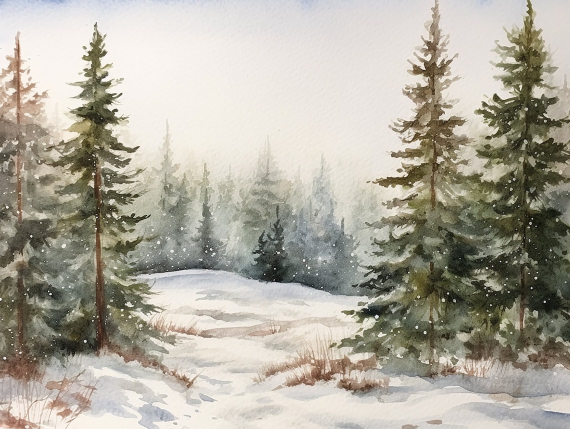 Snow Scene Watercolor Winter Landscape Art Print