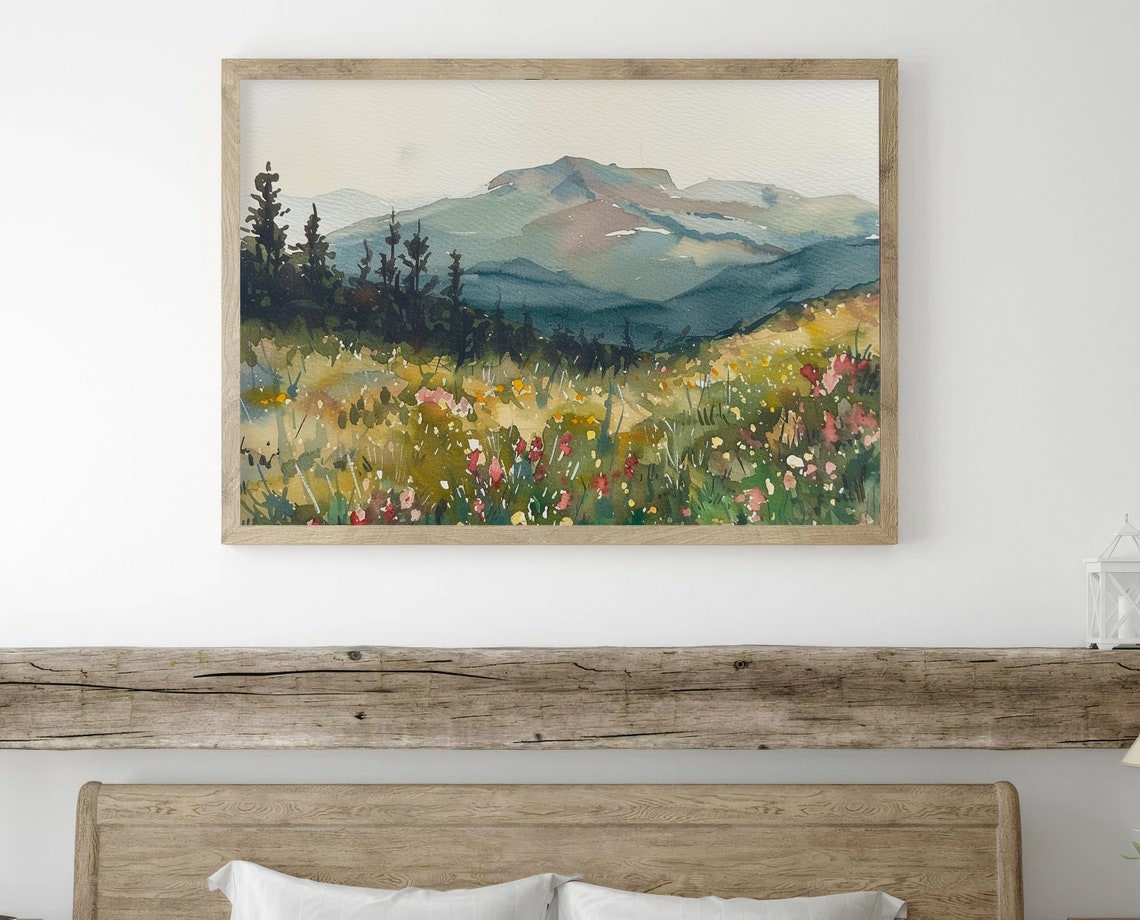 Alpine Wildflower Meadow with Layered Mountain Peaks Watercolor Poster - Image 2
