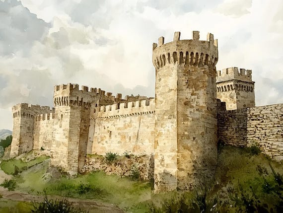 Payas Castle Painting Turkey Landscape Watercolor Art Print Castle Tower Wall Art Castle Wall Artwork