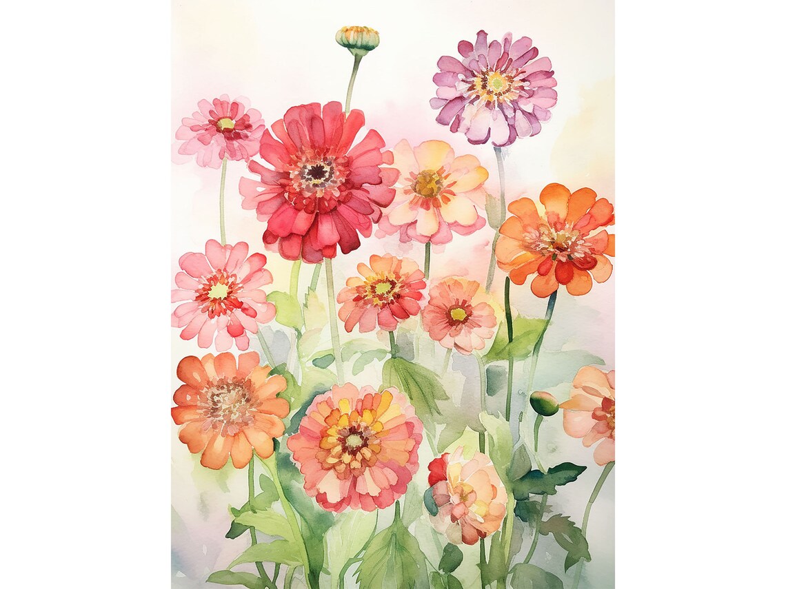 Zinnia Painting Watercolor Art Print, Farmhouse Decor