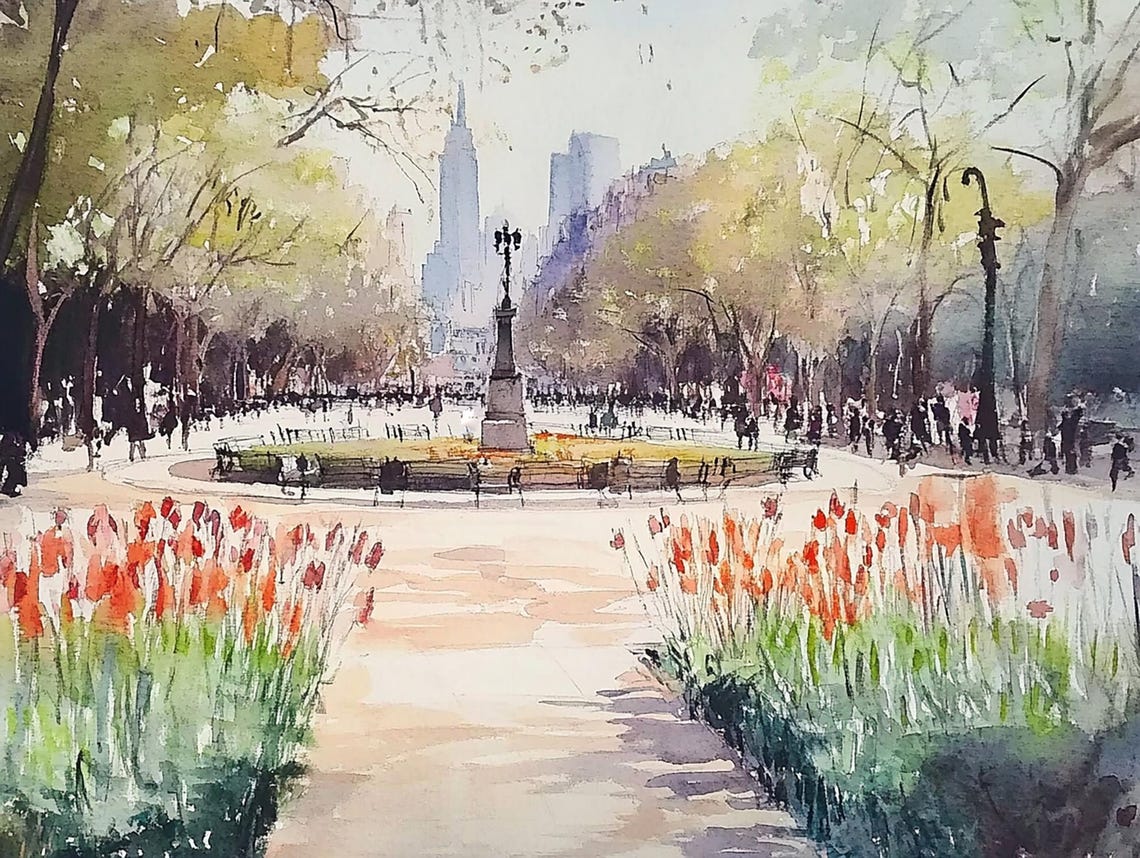 New York Central Park Plaza Spring Watercolor Cityscape Poster