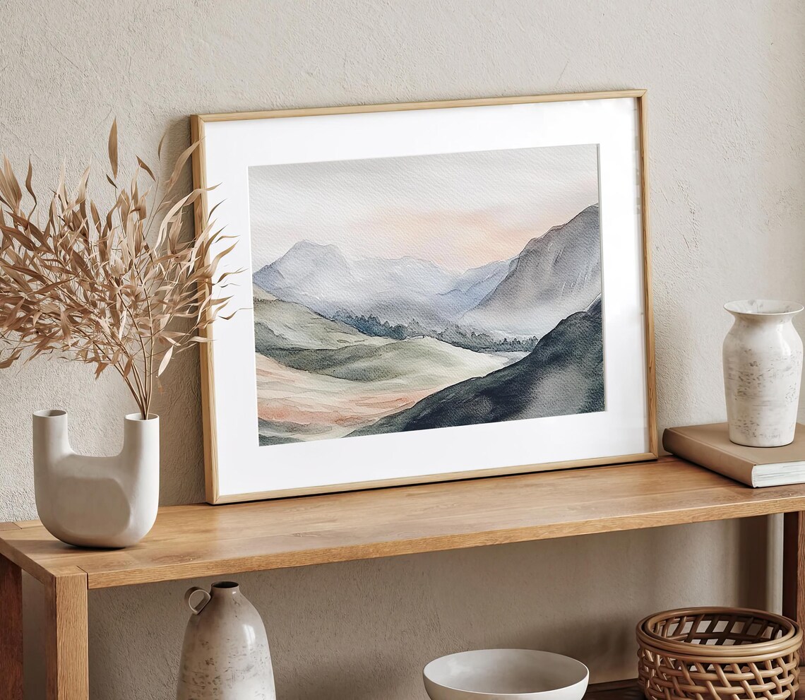 Misty Mountains Watercolor Art Print, Mountain Valley - Image 2