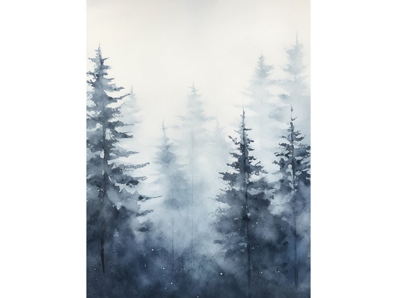 Blue Forest Print Monochrome Misty Pines Watercolor Painting Blue Hills Landscape Wall Art Minimalist Poster