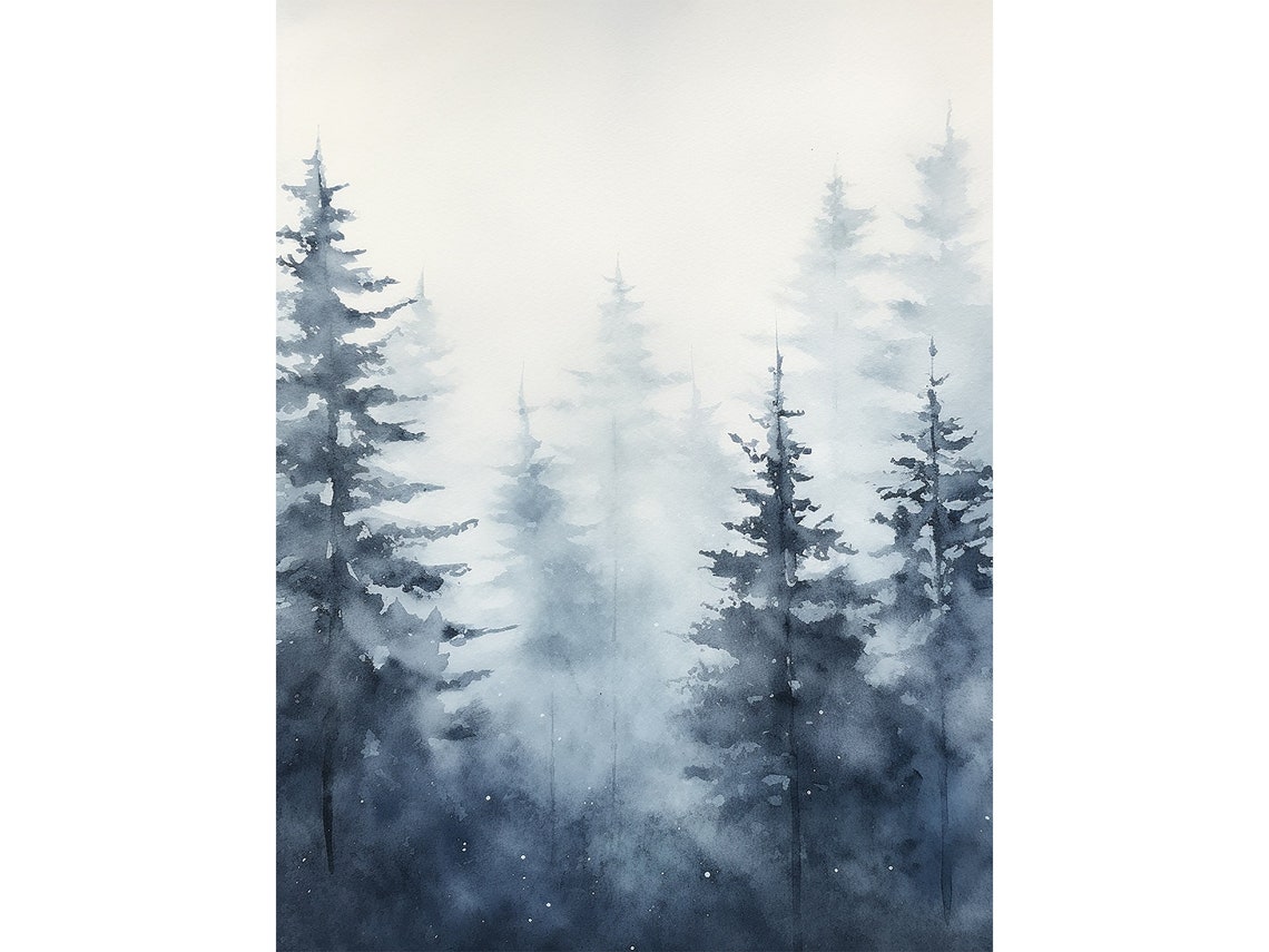 Misty Pine Trees in Blue Fog Tall Evergreens Watercolor Forest Poster