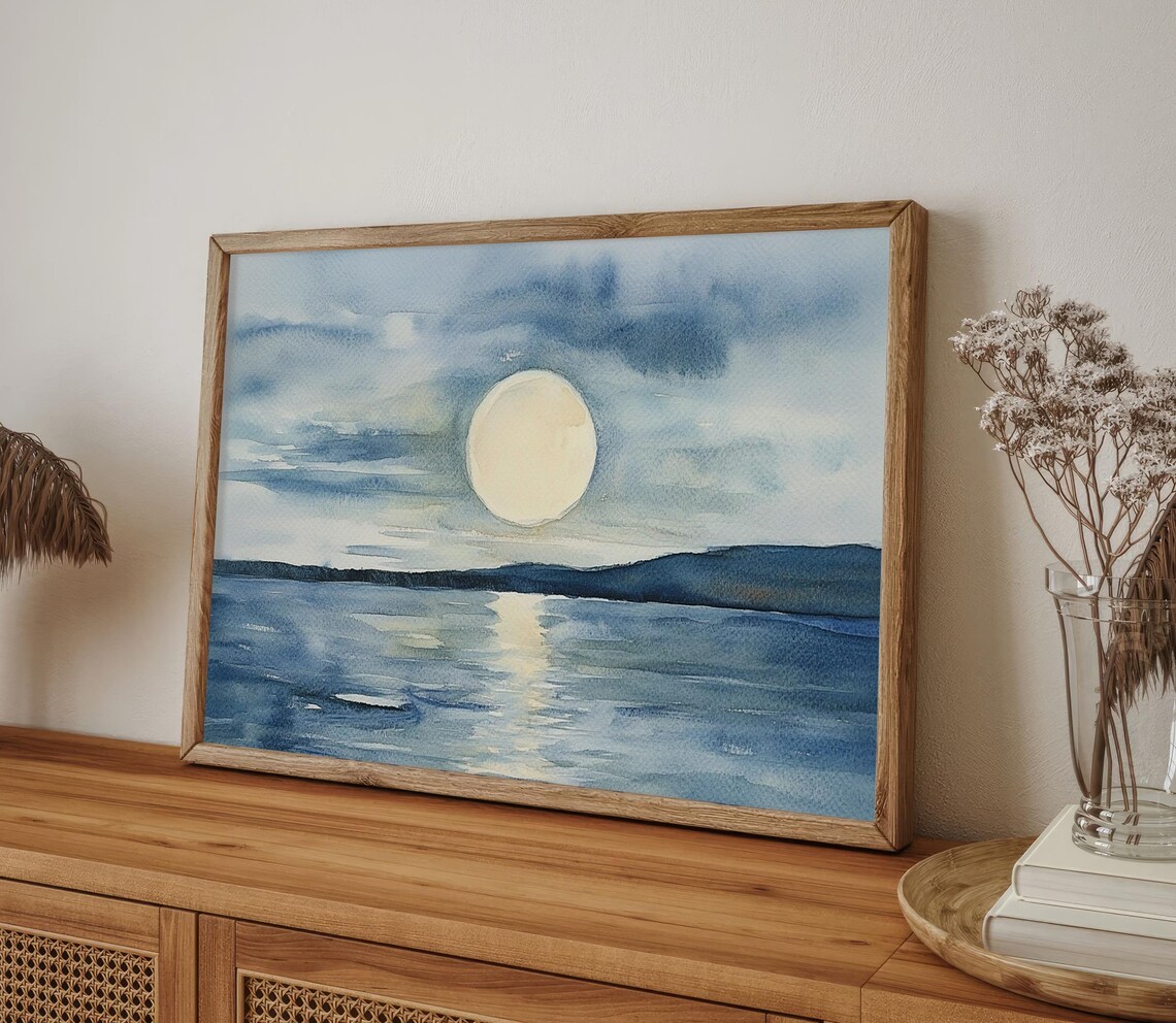 Full Moon Over the Ocean Night Seascape Watercolor Blue Moonlight Poster - Image 4