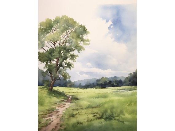 Lone Oak Tree Green Field Summer Watercolor Countryside Poster