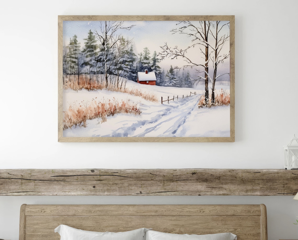 Christmas Snowy Farmhouse Watercolor Painting, Idaho - Image 3