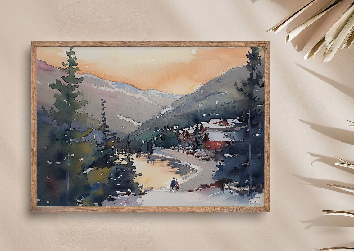 Lake Chelan Winter Mountain Lake Sunset Pines Watercolor Poster - Image 3