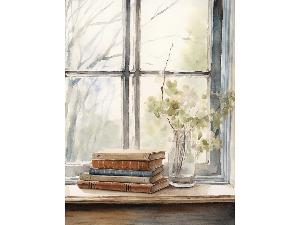 Book Painting Watercolor Art Print, Rustic Library Decor