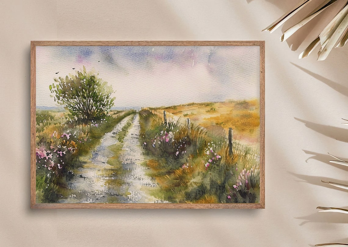 Country Dirt Path Through Wildflower Meadow Watercolor Poster - Image 4