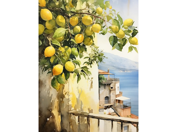Positano Watercolor Lemon Tree Art Print