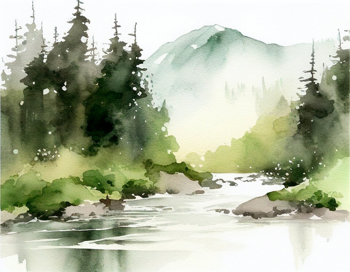 Rocky Mountains Watercolor Art Print, Misty Forest