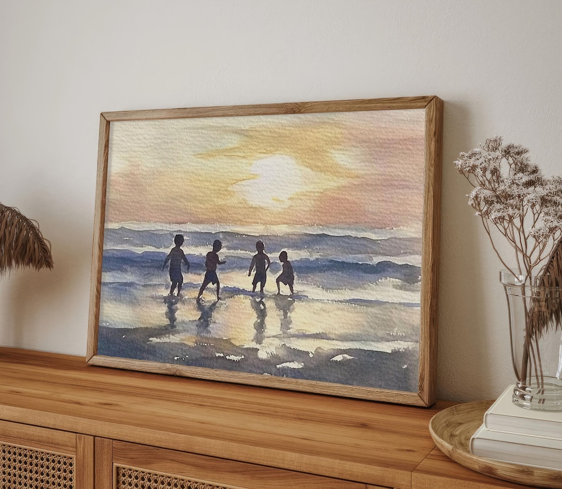 Kids Playing On Beach Watercolor Art Print - Image 5