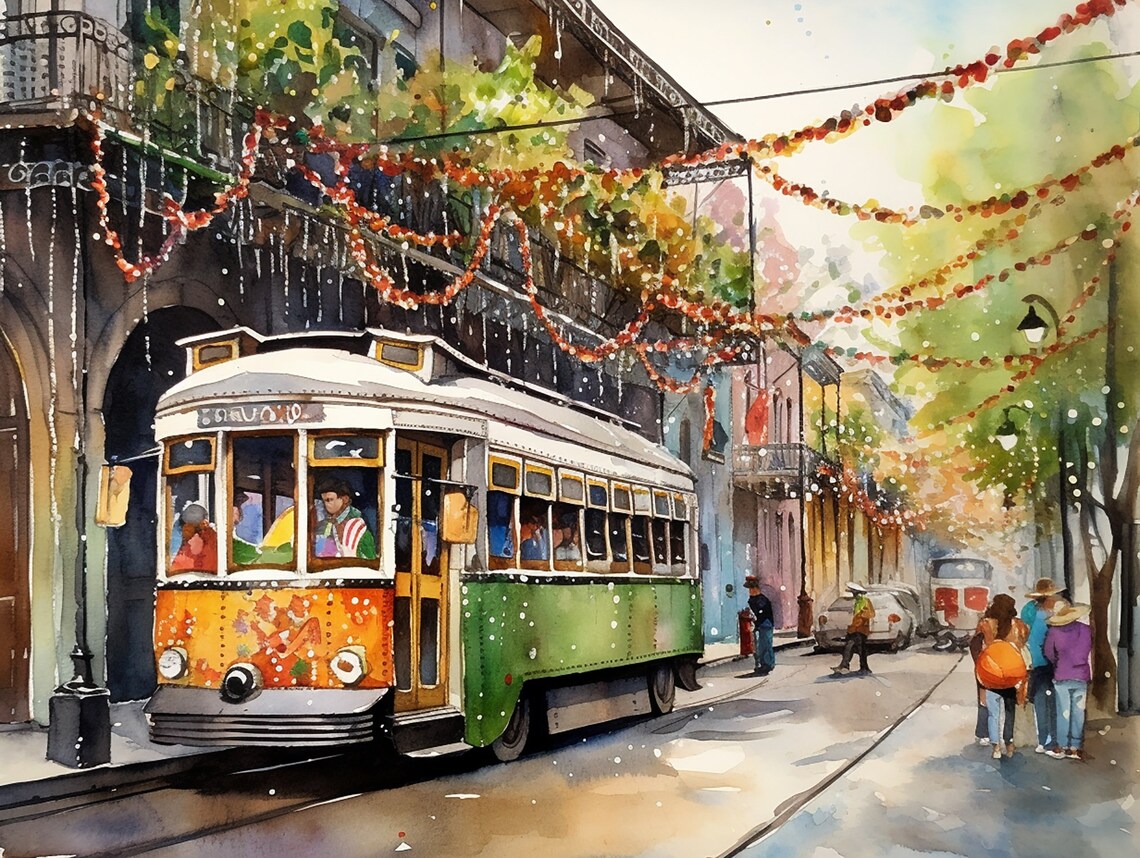 New Orleans Watercolor Streetcar Mardi Gras Art Print