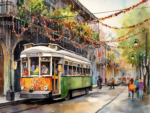New Orleans Watercolor Streetcar Mardi Gras Art Print