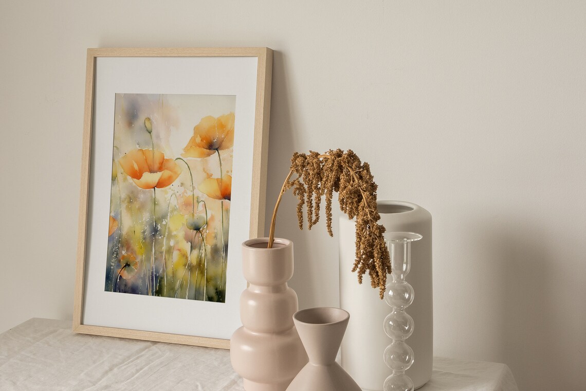 Orange Poppies Watercolor Art Print, Neutral Floral - Image 4
