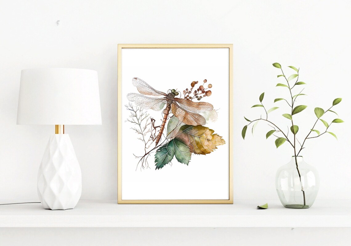 Dragonfly Watercolor Art Print, Botanical Fall Leaves - Image 4