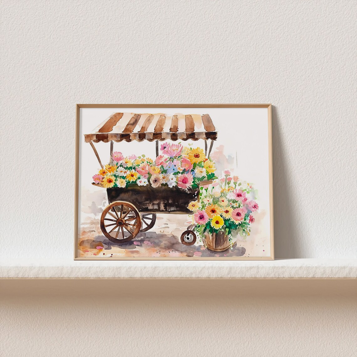 Flower Cart Market Stall Striped Awning Watercolor Floral Poster - Image 2