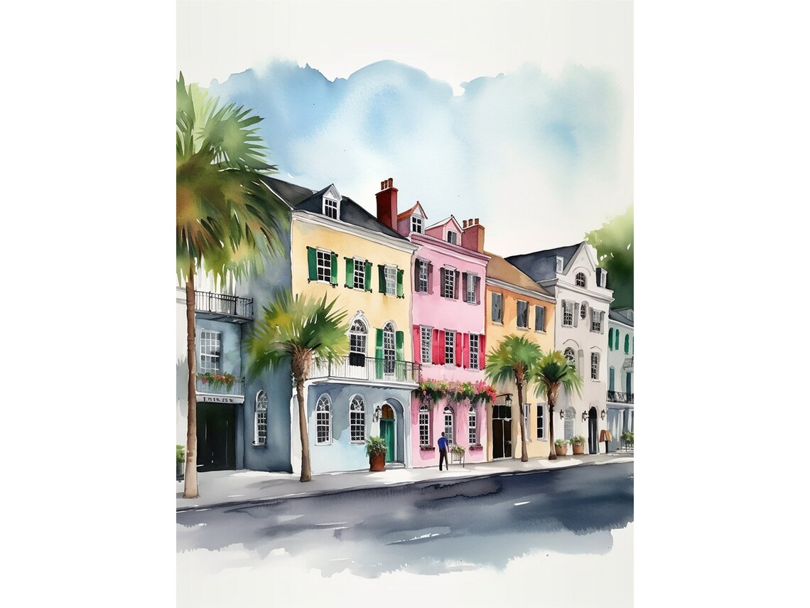 Rainbow Row Watercolor Charleston Cityscape Art Print