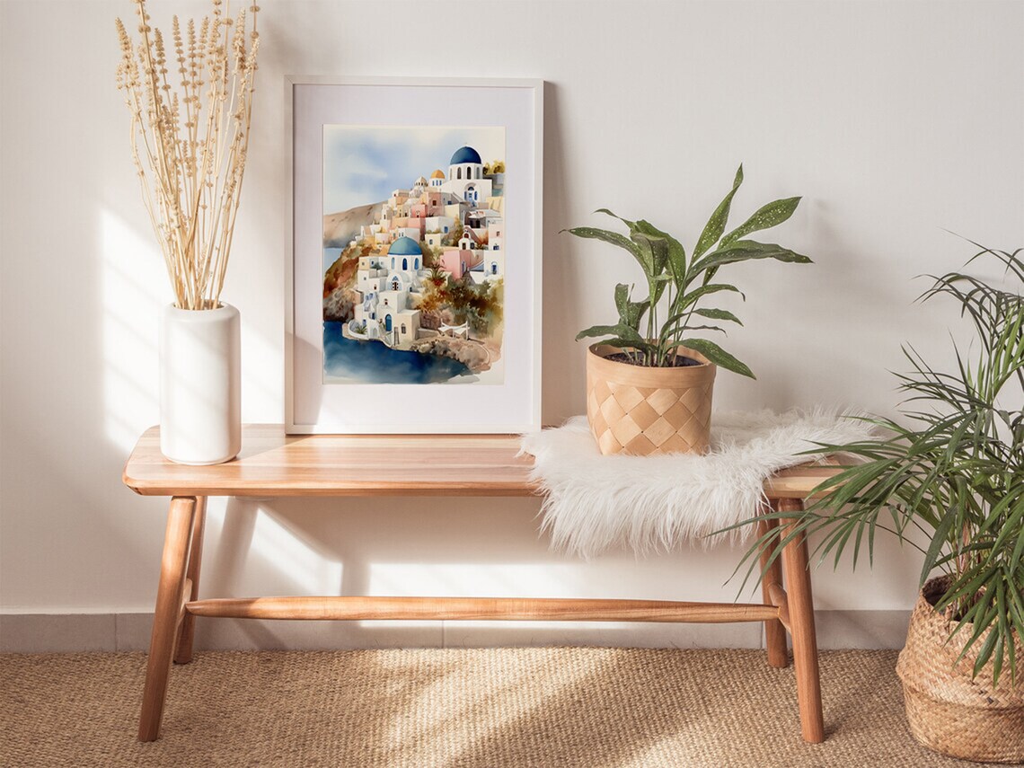 Santorini Watercolor Art Print, Greece Coastal Landscape - Image 5