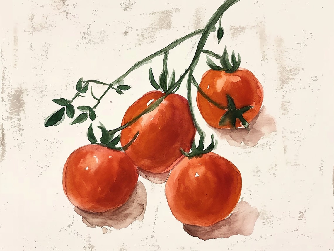 Ripe Red Tomatoes on the Vine Botanical Watercolor Kitchen Poster